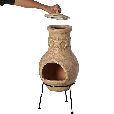 Beige Outdoor Clay Chiminea Outdoor Fireplace Maya Design Charcoal Burning Fire Pit with Sturdy Metal Stand, Barbecue, Cocktail Party, Family Gathering, Cozy Nights Fire Pit