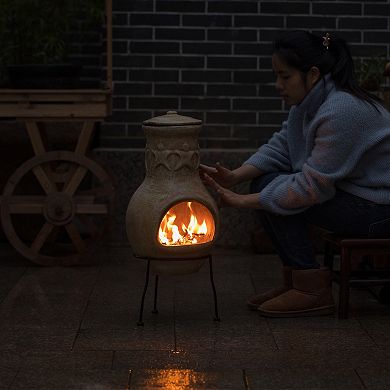 Beige Outdoor Clay Chiminea Outdoor Fireplace Maya Design Charcoal Burning Fire Pit with Sturdy Metal Stand, Barbecue, Cocktail Party, Family Gathering, Cozy Nights Fire Pit