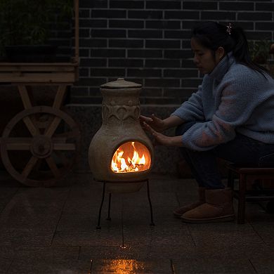 Beige Outdoor Clay Chiminea Outdoor Fireplace Charcoal Burning Fire Pit with Sturdy Metal Stand