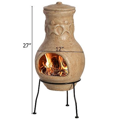 Beige Outdoor Clay Chiminea Outdoor Fireplace Charcoal Burning Fire Pit with Sturdy Metal Stand