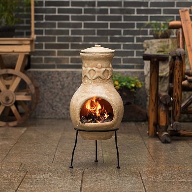 Beige Outdoor Clay Chiminea Outdoor Fireplace Charcoal Burning Fire Pit with Sturdy Metal Stand