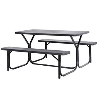 Outdoor Woodgrain Picnic Table Set with Metal Frame