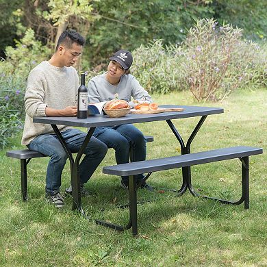 Outdoor Woodgrain Picnic Table Set with Metal Frame