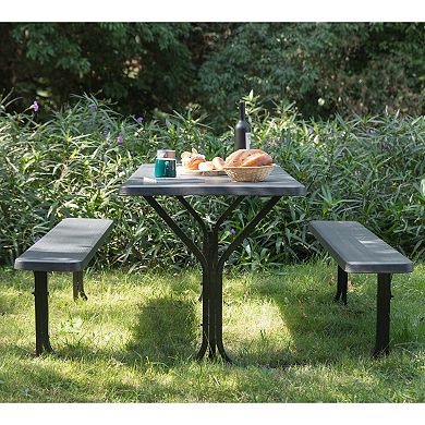 Outdoor Woodgrain Picnic Table Set with Metal Frame