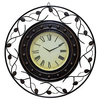 Decorative Vintage Roman Numerical Wall Clock with Black Metal Leaf Design Frame, for Dining, Living Room, or Kitchen