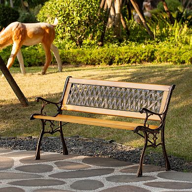 Classical Wooden Slated Park Bench, Steel frame Seating Bench