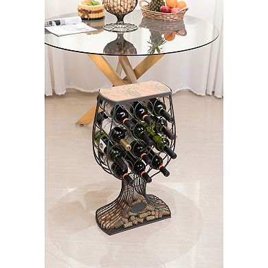 Vintage Decorative Wooden Metal Goblet Shaped Freestanding Wine Rack with Cork Holder