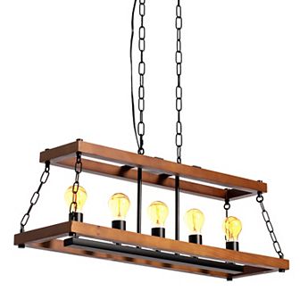 Quickway Imports Wooden Rectangle 5-Bulb Ceiling Hanging Light Fixture with Chain
