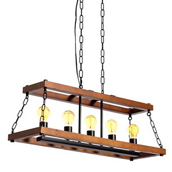 Quickway Imports Wooden Rectangle 5-Bulb Ceiling Hanging Light Fixture with Chain