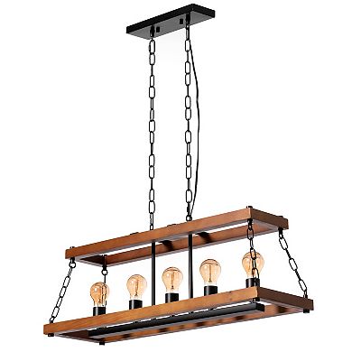 Quickway Imports Wooden Rectangle 5-Bulb Ceiling Hanging Light Fixture with Chain