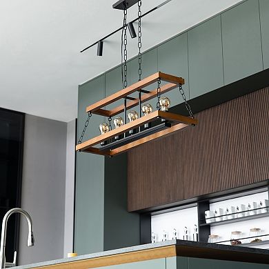Quickway Imports Wooden Rectangle 5-Bulb Ceiling Hanging Light Fixture with Chain