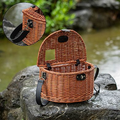 Wicker Fishing Creel with Faux Leather Shoulder Strap