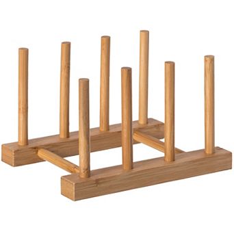 Set Of 2 Bamboo Wooden Dish Drainer Rack, Plate Rack, And Drying Drainer, 3 Grid