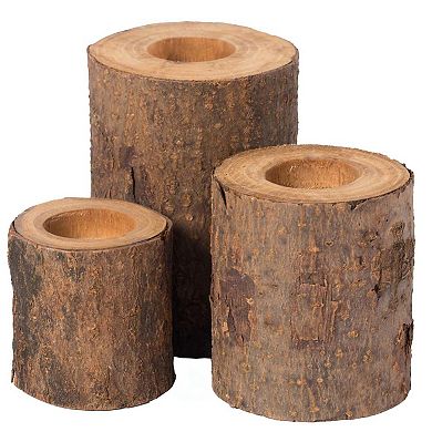 Bark Wooden Pillar Tree Stump Tea Light Rustic Candle Holder - Set of 3