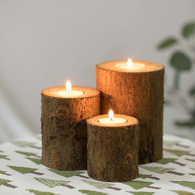 Bark Wooden Pillar Tree Stump Tea Light Rustic Candle Holder - Set of 3