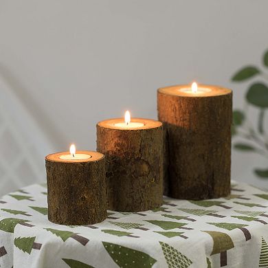 Bark Wooden Pillar Tree Stump Tea Light Rustic Candle Holder - Set of 3