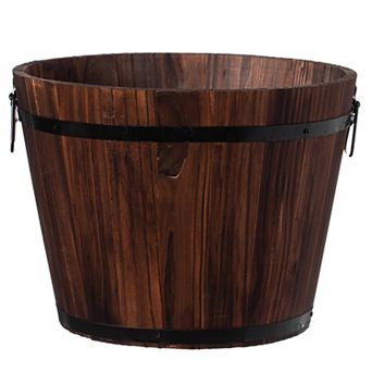 Rustic Wooden Whiskey Barrel Planter with Durable Medal Handles and Drainage Hole