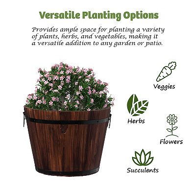 Rustic Wooden Whiskey Barrel Planter with Durable Medal Handles and Drainage Hole