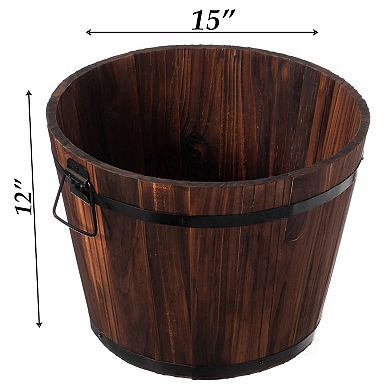 Rustic Wooden Whiskey Barrel Planter with Durable Medal Handles and Drainage Hole
