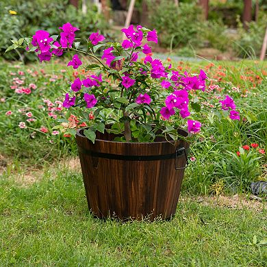 Rustic Wooden Whiskey Barrel Planter with Durable Medal Handles and Drainage Hole