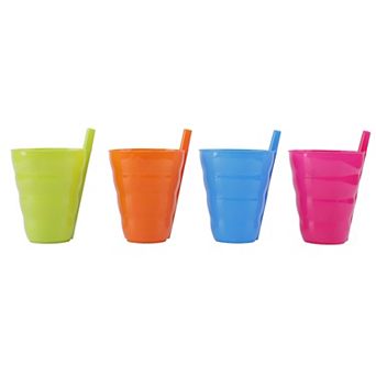 10 OZ Reusable Plastic Cups with Straw Blue, Pink, Green, and Orange, Set of 4