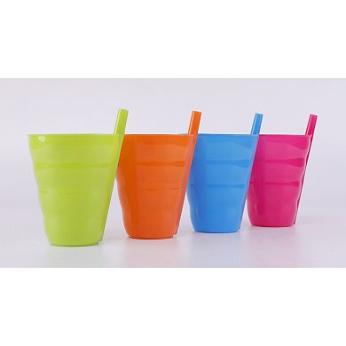 10 OZ Reusable Plastic Cups with Straw Blue, Pink, Green, and Orange, Set of 4