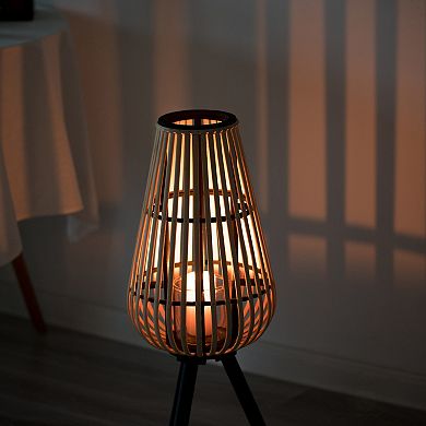 Indoor and Outdoor Modern Natural Bamboo Decorative Lantern with Stand and Glass Candle Holder