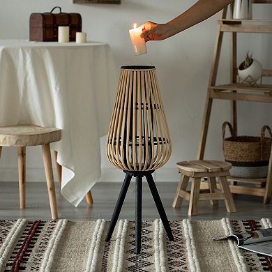 Vintiquewise Wood Lantern-Style Floor Lamp with Tripod Stand & Glass Insert