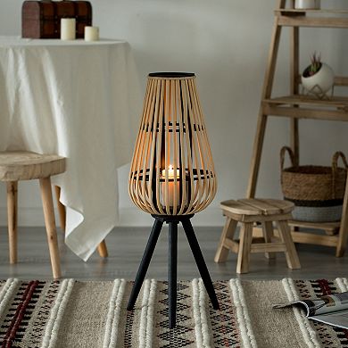 Indoor and Outdoor Modern Natural Bamboo Decorative Lantern with Stand and Glass Candle Holder