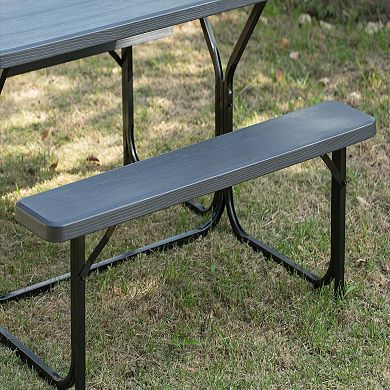 Outdoor Woodgrain Picnic Table Set with Metal Frame