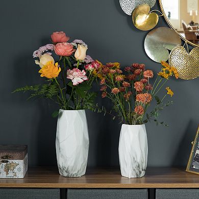 Contemporary Ceramic Marble Look Design Table Vase Geometric Flower Holder Decor, Set of 2