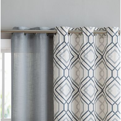 Kate Aurora Coordinating 4 Piece Geometric and Solid Grommet Top Window Curtain Set