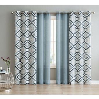 Kate Aurora Coordinating 4 pc Geometric and Solid Grommet Top Window Curtain Set