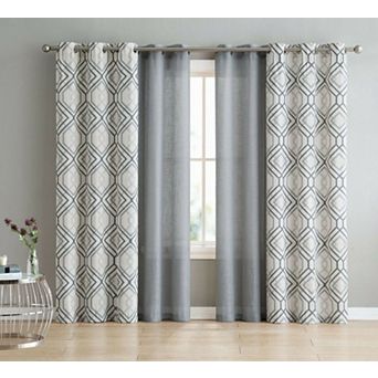 Kate Aurora Coordinating 4 pc Geometric and Solid Grommet Top Window Curtain Set