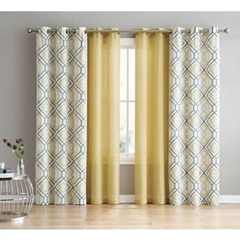 Kate Aurora Coordinating 4 pc Geometric and Solid Grommet Top Window Curtain Set