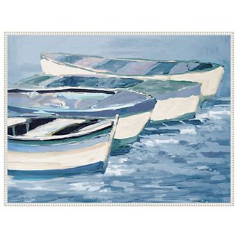Blue Boat Line By Jane Slivka Framed Canvas Wall Art Print