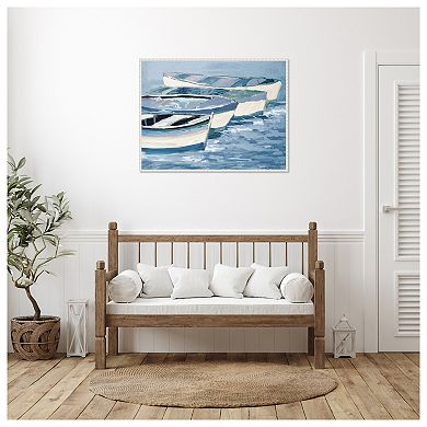 Blue Boat Line By Jane Slivka Framed Canvas Wall Art Print