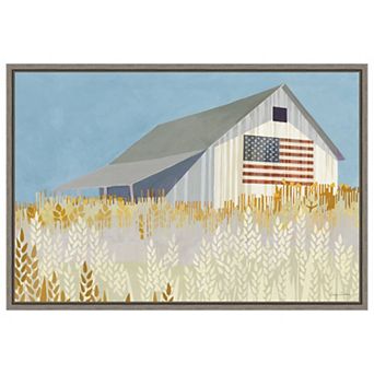 Wheat Fields Barn With American Flag By Avery Tillmon Framed Canvas Wall Art Print