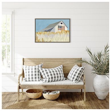 Wheat Fields Barn With American Flag By Avery Tillmon Framed Canvas Wall Art Print