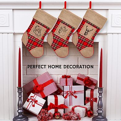 Lexi Home 17.5" Inch 3-Pack Burlap Plaid Christmas Holiday Stockings