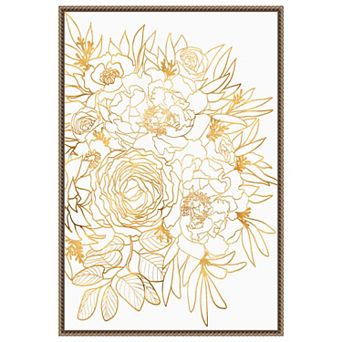 Rose Floral Art In Gold By Rosana Laiz Blursbyai Framed Canvas Wall Art Print