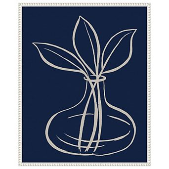 Line Leaves In Vase On Navy I By Elizabeth Medley Framed Canvas Wall Art Print