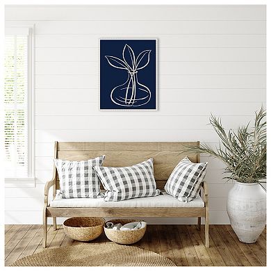 Line Leaves In Vase On Navy I by Elizabeth Medley Framed Canvas Wall Art Print
