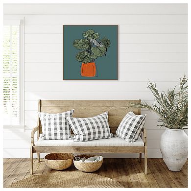 The Retro Potted Plant On Teal I By Patricia Pinto Framed Canvas Wall Art Print