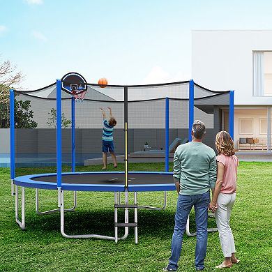 12 ft Outdoor Recreational Trampoline with Enclosure Net, basketball hoop, Basketball & Ball pump