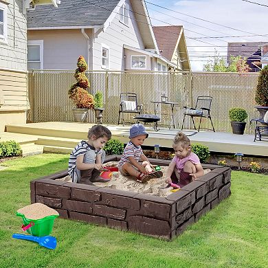 2-in-1 Hdpe Kids Sandbox With Cover And Bottom Liner