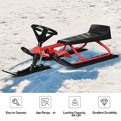 Kids Snow Sled With Steering Wheel And Double Brakes Pull Rope