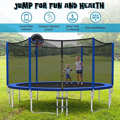 15 ft Outdoor Recreational Trampoline with Enclosure Net, basketball hoop, Basketball & Ball pump