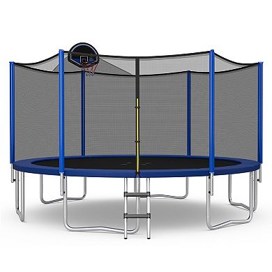15 ft Outdoor Recreational Trampoline with Enclosure Net, basketball hoop, Basketball & Ball pump