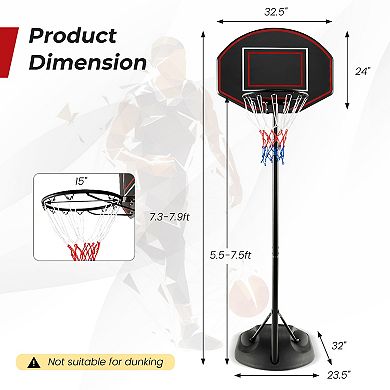 5.5 To 7.5 Ft Adjustable Portable Basketball Hoop System With Anti-rust Stand And Wheels
